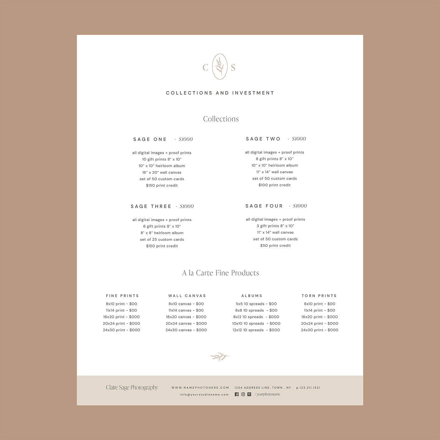 Claire Sage 8×11 Pricing Guide Template - Oh Snap Boutique