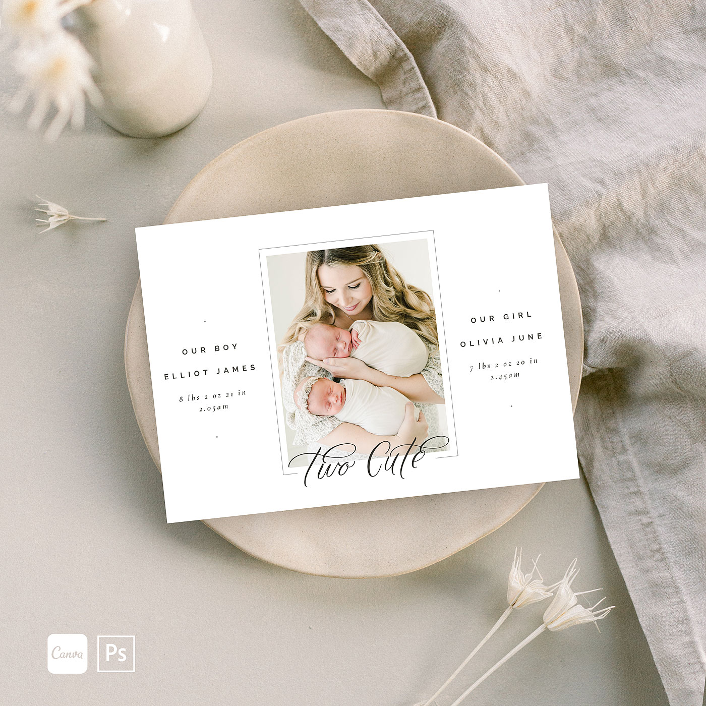 Two Cute 5x7 Birth Announcement Canva + PS - Oh Snap Boutique